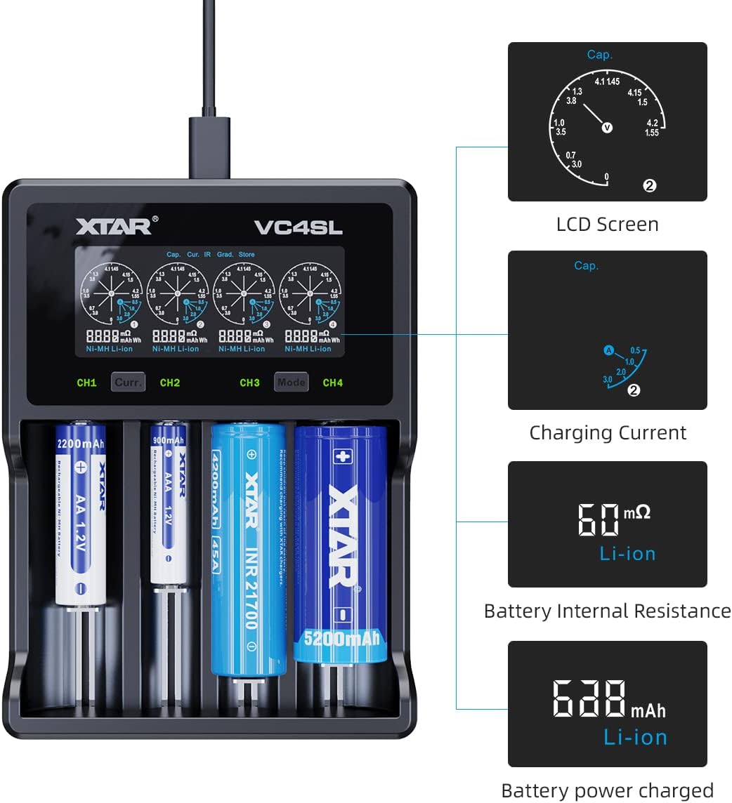 XTAR VC4SL Li - ion/NiMH USB - C Four - Slot Battery Charger - Refraction Lighting