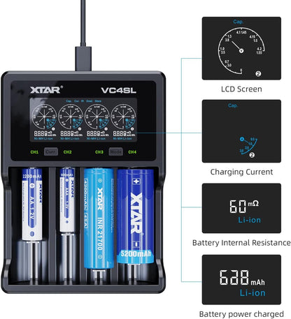 XTAR VC4SL Li - ion/NiMH USB - C Four - Slot Battery Charger - Refraction Lighting