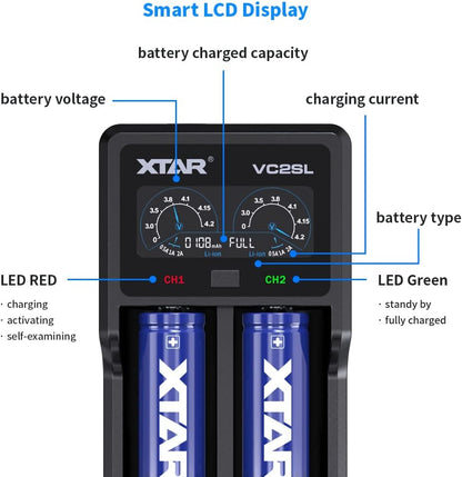 XTAR VC2SL Li - ion/NiMH USB - C Two - Slot Battery Charger - Refraction Lighting