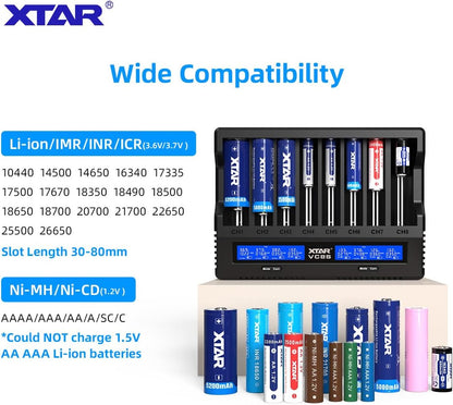 XTAR VC8S Smart Speedy Li - ion/NiMH USB - C Eight - Slot Battery Charger - Refraction Lighting
